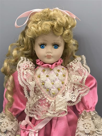 Vintage Porcelain Doll Blonde With Curly Hair, Doll Collection 1970-80s, Doll in a Pink Dress With White Lace and Ribbons - Etsy