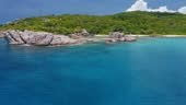 La Digue island, Seychelles. Aerial view of remote secluded tropical...