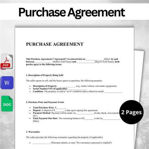 Editable Purchase Agreement Template - PDF | Word | A4 & US Letter Size - Etsy