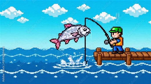 Retro pixel art fisherman catches fish from wooden pier, vintage game animation