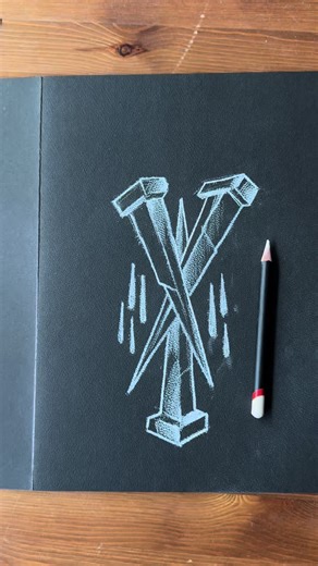 Three nails – traditional tattoo design. White chalk on black paper. Simple shapes, strong contrast, timeless style. #bielefeldtattoo #sketching #sketchbook #oldschooltattoo #traditionaltattoo