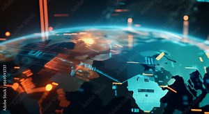 A digital map of the world with glowing lights and data points, giving a high-tech, futuristic feel. The image features various charts and graphs