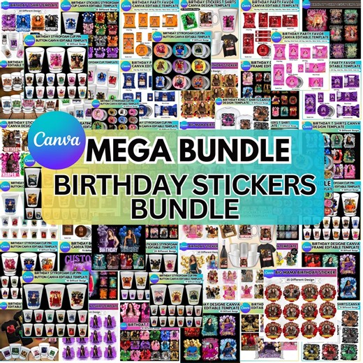 Birthday Sticker Canva Editable Mega Bundle Template, Birthday Styrofoam Cup, Birthday Party Shot Glass, Birthday Pin Button,birthdaysticker - Etsy