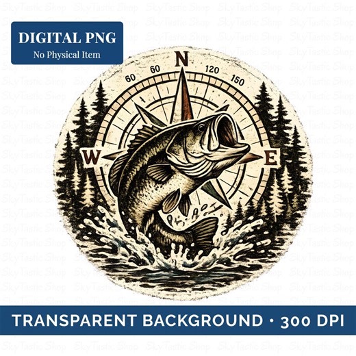 Vintage Bass Fishing Compass PNG, Rustic Lake House Decor Design, Cabin Lodge Wall Art Graphic, Outdoorsman Gift, Fishing Clipart - Etsy