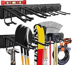 48inch Garage Storage Organization Garage with Torpedo Level Mounted Garden Tool Organizer Wall Mount Adjustable Garage Organizers with 7 Heavy Duty Hooks Tool Holder for Hanging Max Load 440lbs