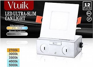 3 Inch Square LED Recessed Lighting with Junction Box - 6W 5CCT 2700K-5000K Selectable, Dimmable Ultra Thin Ceiling Light, IC Rated for Home and Commercial Spaces - ETL Certified,12Pack