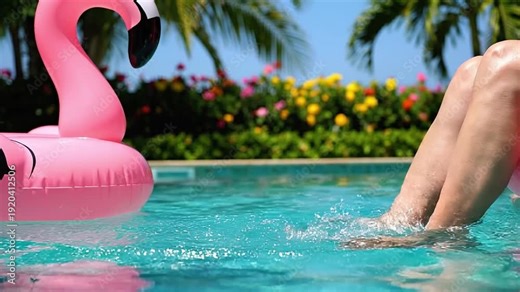Woman Splashing Water with Feet While Relaxing on Inflatable in Swimming Pool