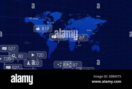 Opening world map backdrop showing numeric coordinates then icons animating social media trends. Network, analytics, digital, visualization, technology, connectivity, data