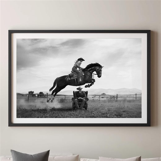 Cowgirl Jumping Horse Print: Western Ranch Decor, Black and White Art - Etsy