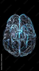 3D human brain with moving neuron signals. Reading neural signals through brain-computer interface. Neurotechnology conceptual animation. Vertical video