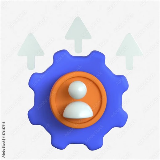 A creative 3D icon showing a human profile icon inside a gear with rising arrows representing leadership decisions and growth