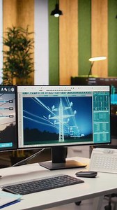Power line tower CAD design displayed on dual monitors in engineering office used for digital infrastructure planning. Software used for transmission tower power line system optimization