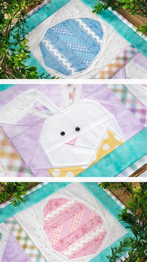 8.5K views · 137 reactions | Join Jen as she shares how to make our Foundation Paper Piecing 3 design for April! The April project captures the charm of spring with an adorable bunny sporting button eyes, nestled between beautifully decorated Easter eggs with glitter vinyl appliqué. Watch the tutorial: https://www.shabbyfabrics.com/p198059 | Shabby Fabrics | Facebook