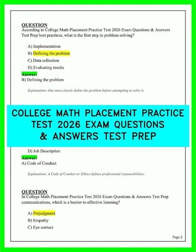 COLLEGE MATH PLACEMENT PRACTICE TEST 2026 EXAM QUESTIONS & ANSWERS TEST PREP FULL MOCK TEST 2026