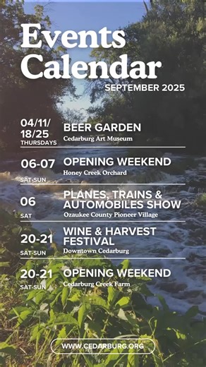 20 reactions | Check out what’s coming up in September for Cedarburg! #ExperienceCedarburg #Cedarburg #Wisconsin #TravelWI #VisitMilwaukee #Milwaukee #ozaukeecounty #Doorcounty #Midwest #travel #september #events #septemberevents #eventscalendar #summer #fall | Experience Cedarburg | Facebook