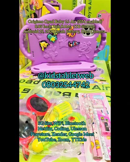 Michelle I KIDS TABLET STORE IN NIGERIA on Instagram: "Origimo Opad Baby 16 Air Tablet on sales 80,000 naira only DELIVERY IS NOT FREE‼️ Origimo Opad Baby 16 Air, 8.85 Inch Display , 8GB RAM, 1TB storage with memory card slot for extra storage, 5G (SIM ENABLED), Android 15, 10000mah battery, Front and Back Camera.... Supports Wifi, SIM, Bluetooth, Xender YouTube,Netflix ,Zoom, Coding, YouTube Kids... Free accessories: Stationery Set, Wrist Watch, Eye Glass, Water Gun, LCD Writing Pad, Sim Ejecto