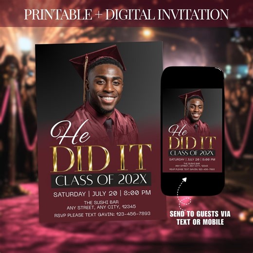 Maroon He Did It Graduation Invitation, Printable Class of 2026 Template, Red Animated Digital Evite for Men, High School Grad Template - Etsy