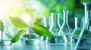 Science and nature concept, green laboratory with test tubes