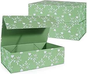 Green Leaves Gift Box with Magnetic Lids 13.8x8.3x4.4 in, Large Bridesmaid Proposal Boxes, Rectangle Wedding Decorative Storage Box 3 Pack