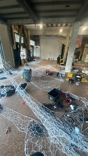 Charlies Webs on Instagram: "Taking the lightwav web down. Took 2 weeks to build and minutes to destroy, I feel like one of those monks with the sand art. #artinstallation #destroy #spidwrweb #art #web"