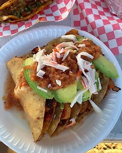 6.4M views · 7.3K reactions | These TACOS DORADOS DE CAMARON from @mariscoselpatron818 are only 4x$5 on TACO TUESDAYS!  They’re stuffed w/ shrimp, cheese & pico, fried, then topped with avocado, imitation crab & fresh salsa! | Los Angeles Eats | Facebook