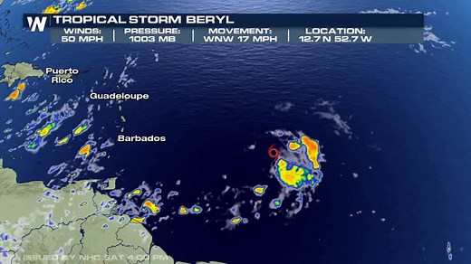 Tropical Storm Warnings have been expanded for the Lesser Antilles as Tropical Storm Beryl accelerates west. Fortunately, the storm is expected to weaken. #Tropics #Beryl | WeatherNation