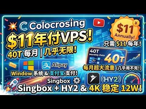 【Colocrossing的11刀年付VPS】40T每月的流量，几乎用不完，只需11刀每年，支持支付宝支付，一键部署Singbox脚本，使用HY2协议，4K视频稳定12W ，同时还支持window系统