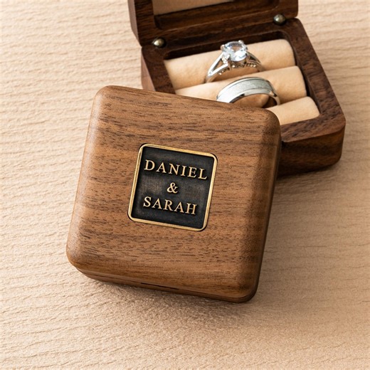 Personalized Wedding Ring Bearer With Brass Inlay, Anniversary Gift, Double Ring Bearer Box With Name, Wedding Keepsake, Wooden Ring Box - Etsy
