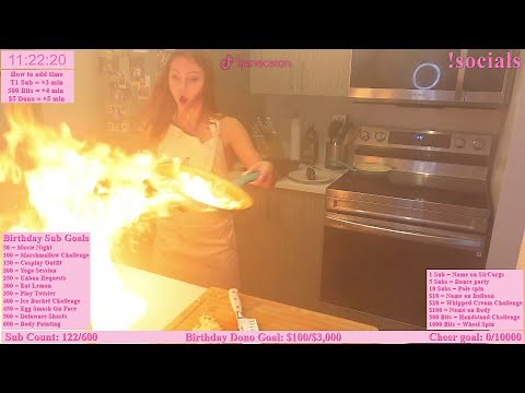 FRYING PAN CATCHES FIRE! Twitch Streamer kjanecaron cooking goes wrong!