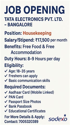 Tata Electronics Bangalore Job 2025 | Housekeeping Vacancy | ₹17,500 Salary | Free Food & Stay
