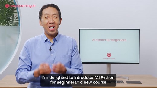 Introducing AI Python for Beginners, taught by Andrew Ng! This four-part course is designed to launch your Python learning pathway in an innovative way: 🛠️ Learn Python fundamentals while applying them in practical projects 👩‍💻 Work alongside an AI assistant that offers real-time feedback, debugging help, and answers to coding questions 🔢 Learn core concepts: variables, functions, loops, and data structures 📒 Get hands-on experience with Jupyter Notebooks, a tool widely used by professional