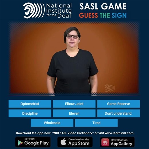 Can you guess the sign! Comment your answer below. 🎉One of our SASL games, "Guess the Sign", is now LIVE on our NID SASL Video Dictionary app! 🙌 Get ready to boost your SASL skills with this fun and interactive game. Guess SASL signs to their English term, and improve your vocabulary — all while having a blast! Here’s how to play: 📲 Download the NID Dictionary app from your app store 🌐 Or play online at www.learnsasl.com Whether you're just starting your SASL journey or brushing up on your s