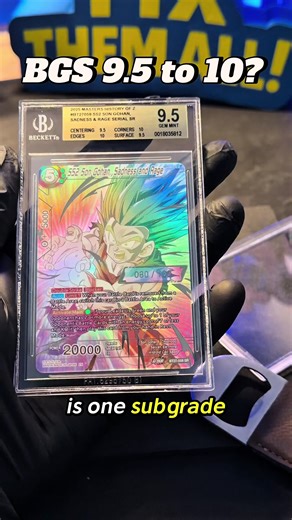 BGS 9.5 ➝ Pristine 10? Supersaiyan 2 Gohan Corners 10 Edges 10 Centering 9.5 Surface 9.5 Two subgrades holding it back. We’re chasing the surface bump. When a card is this close to a Gold Label, we don’t settle for the grade. Surface is where Pristine dreams live or die. Under magnification we inspect micro debris, light haze and presentation details that grading companies scrutinise heavily. No gambling. No guesswork. Just controlled optimisation. If you’re submitting to Beckett or cross gradin