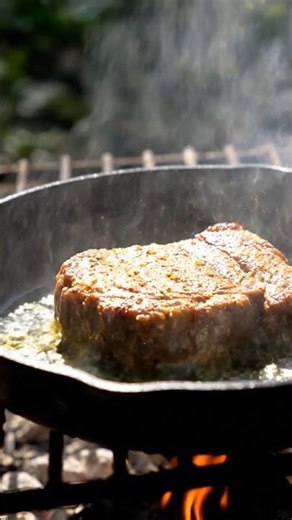 Steak on Fire 🔥 FullDone Meat on Pan| Cooking ASMRcampfirecooking #steak #outdoorcooking