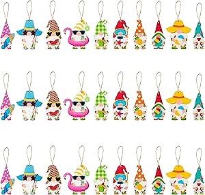 WATINC 31pcs Summer Gnome Hanging Wooden Ornament Set, Flamingo Element Wood Pendant Crafts Decor Supplies, Wood Tags Embellishments with Rope for Holiday Hawaiian Beach Party Decoration (10 Styles)