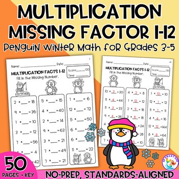 Penguin Multiplication Facts 1–12 | Missing Factors Worksheets No-Prep Math