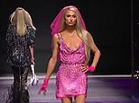 Paris Hilton storms the runway in neon pink for Versace Milan Fashion Week show