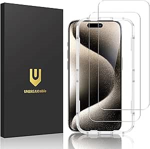 UNBREAKcable Screen Protector for iPhone 15 Pro,Shatterproof Tempered Glass [Easy Installation Frame] [Lasting Protection] [Smooth Touch] [9H Hardness] [Case Friendly] for Apple 6.1”-2 Pack