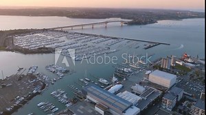 Aerial: Westhaven marina and auckland harbour bridge, Auckland city, New Zealand