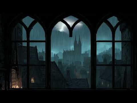 4K Rainy Medieval Castle Window View - Calm Rain & Thunder Sounds Ambience for Sleep & Relaxation