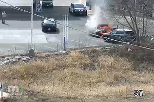 26M views · 135K reactions | WATCH: MnDOT cameras showed the end of a police chase involving a stolen vehicle, which was then seen catching on fire after the 5 suspects fled from it Monday afternoon. | https://cbsloc.al/3JvLLO5 | WCCO & CBS News Minnesota | Facebook