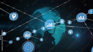 Animation of network of connections with graph and location pin icons over globe