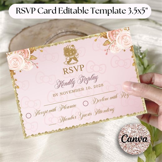 Sweet 16 RSVP Card Template, Pink and Gold, 5x3.5" Kitty Rsvp Card, Sweet Sixteen, Quince Rsvp, Quinceanera Editable Rsvp. - Etsy