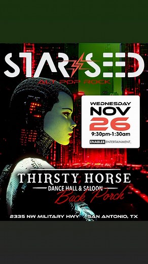 Starseed on hump day? Yes please. We’re live at the one and only Thirsty Horse Saloon this Wednesday AND Saturday to open up and close out your Thanksgiving festivities. Join us on the back porch on the biggest party night of the year this Wednesday where we’ll be playing all your favorite 90s and 2000s alt rock hits. If you missed us Wednesday or want a double dose of Starseed this week, we’re back at Thirsty Horse on Saturday. Music starts at 9:30pm both nights. Jordan Reid will be preparing h