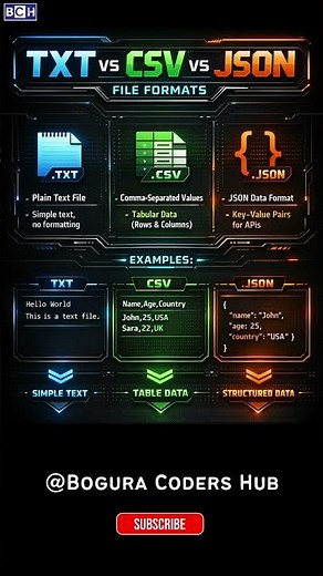 TXT vs CSV vs JSON – File Formats Explained in 10 s | 3 File Types Every Programmer Must Know |Learn