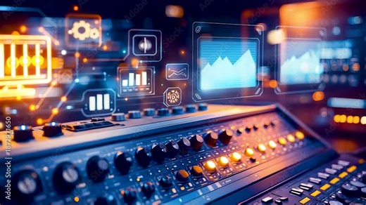 Professional audio production workstation with mixing console digital sound analytics and live performance controls inside modern recording studio