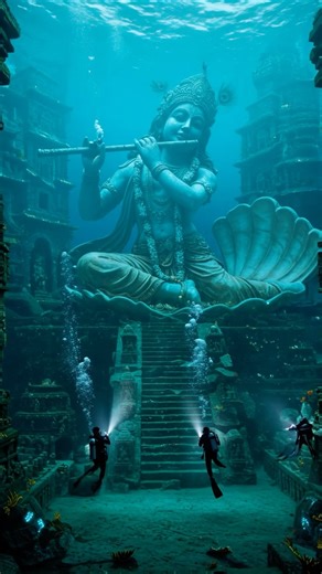 Jay Pirabakaran on Instagram: "🌊 Dwarka Reimagined: The Sunken Kingdom of Krishna 🕉️ Journey beneath the waves to explore the mythic city believed to be founded by Lord Krishna himself — submerged, but not forgotten. ✨ From golden pillars engraved with peacock feathers to sprawling underwater temples, divine relics, and a towering statue of Krishna standing in eternal stillness… this is not just a dive — it’s a descent into sacred history. Crafted with love by @jayprints 🛑