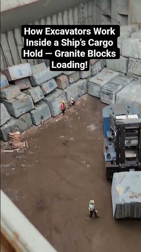 How Excavators Work Inside Ships Cargo Hold Granite Blocks Loading #GraniteBlocks #ExcavatorLoading