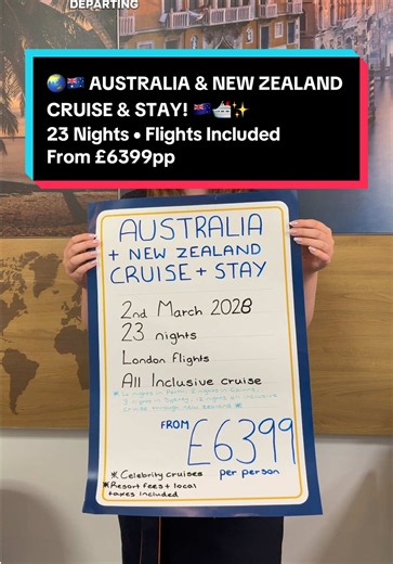 🌏🇦🇺 AUSTRALIA & NEW ZEALAND CRUISE & STAY! 🇳🇿🛳️✨ 📅 2nd March 2028 🌙 23 Nights ✈️ Return London flights included 🏨 4★ hotel stays in Perth, Cairns & Sydney 🚢 12-Night All-Inclusive Celebrity Cruise around New Zealand 🚕 Overseas transfers included 🍹 FREE drinks & Wi-Fi on board 💰 From £6,399pp ✔️ Resort fees & local taxes included where applicable Operator: Celebrity Cruises ❤️ Send us a message 📍 Visit us at 19-20 High Chelmer CM1 1XL ☎️ 01245 801314 📧 chelmsfordhighstreet@hays-tra