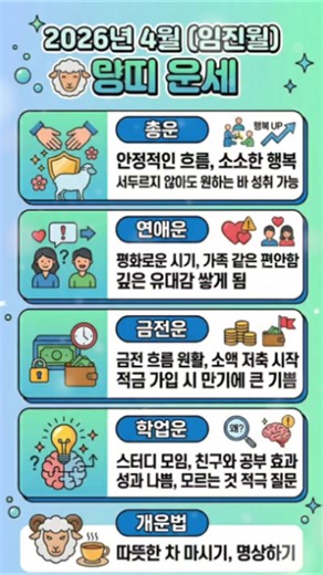 2026년 병오년 4월 임진월 양띠운세 #병오년 #4월운세 #양띠운세 #연애운 #금전운 #학업운 #개운법 #운세